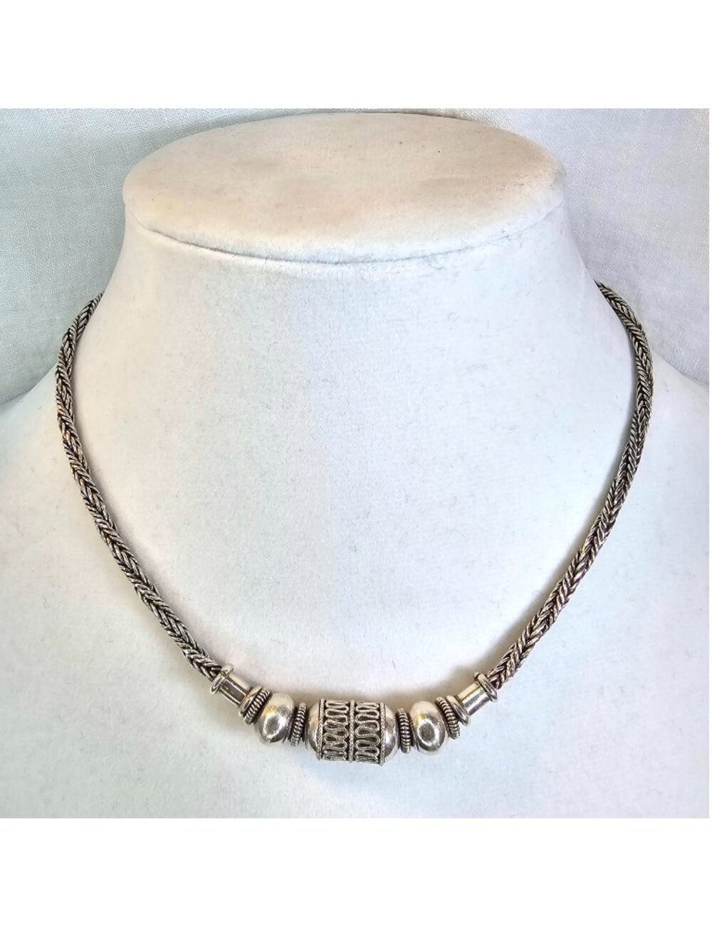 Vintage Bali 925 Sterling Silver 4mm Intertwined Twisted Wheat Link Chocker, 17"